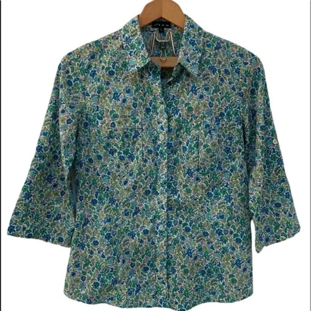 PLUM floral green blue button up blouse size small